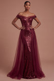 A Line Burgundy Off the Shoulder Long Prom Dress
