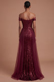 A Line Burgundy Off the Shoulder Long Prom Dress