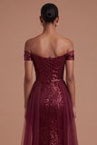 A Line Burgundy Off the Shoulder Long Prom Dress
