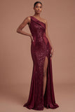 Mermaid Burgundy One Shoulder Long Prom Dress with Slit