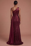 Mermaid Burgundy One Shoulder Long Prom Dress with Slit