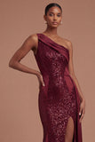 Mermaid Burgundy One Shoulder Long Prom Dress with Slit
