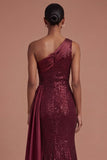 Mermaid Burgundy One Shoulder Long Prom Dress with Slit