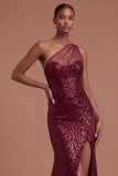 Sparkly Sequined Corset Burgundy One Shoulder Long Prom Dress with Slit