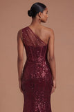 Sparkly Sequined Corset Burgundy One Shoulder Long Prom Dress with Slit