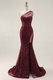 Sparkly Sequined Corset Burgundy One Shoulder Long Prom Dress with Slit