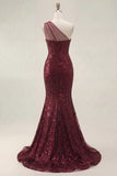 Sparkly Sequined Corset Burgundy One Shoulder Long Prom Dress with Slit