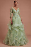 Green Floral A Line Ruffled Appliqued Long Prom Dress