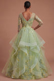 Green Floral A Line Ruffled Appliqued Long Prom Dress