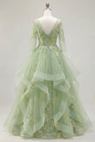 Green Floral A Line Ruffled Appliqued Long Prom Dress