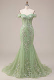 Green Floral Corset Appliqued Long Prom Dress