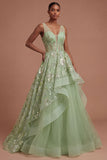 Corset Green Floral Appliqued A Line Long Prom Dress