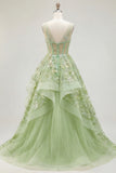Corset Green Floral Appliqued A Line Long Prom Dress