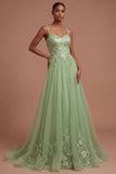 A Line Floral Appliqued Thick Straps Long Prom Dress