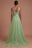 A Line Floral Appliqued Thick Straps Long Prom Dress