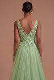 A Line Floral Appliqued Thick Straps Long Prom Dress