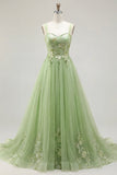A Line Floral Appliqued Thick Straps Long Prom Dress