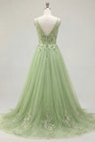 A Line Floral Appliqued Thick Straps Long Prom Dress