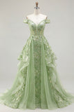 Off the Shoulder Corset Green Floral A Line Long Prom Dress