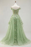 Off the Shoulder Corset Green Floral A Line Long Prom Dress