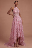 Taro Corset Floral Appliqued Halter Neck High Low Prom Dress