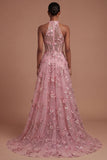 Taro Corset Floral Appliqued Halter Neck High Low Prom Dress