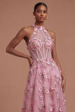 Taro Corset Floral Appliqued Halter Neck High Low Prom Dress