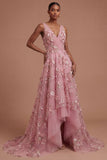 Taro Floral V Neck Sleeveless High Low Prom Dress