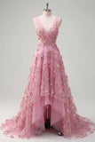 Taro Floral V Neck Sleeveless High Low Prom Dress