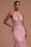 Halter Neck Floral Appliqued Corset Taro Long Prom Dress
