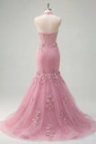 Halter Neck Floral Appliqued Corset Taro Long Prom Dress