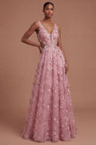Floral Taro A Line Appliqued Backless Long Prom Dress