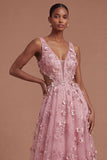 Floral Taro A Line Appliqued Backless Long Prom Dress