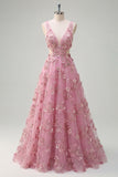 Floral Taro A Line Appliqued Backless Long Prom Dress