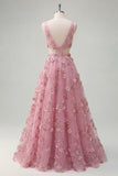 Floral Taro A Line Appliqued Backless Long Prom Dress