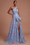 Blue Floral A Line One Shoulder Ruched Long Prom Dress with Slit