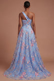 Blue Floral A Line One Shoulder Ruched Long Prom Dress with Slit