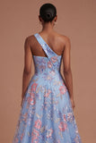 Blue Floral A Line One Shoulder Ruched Long Prom Dress with Slit