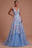 A Line Floral Corset Appliqued V Neck Long Prom Dress