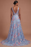 A Line Floral Corset Appliqued V Neck Long Prom Dress