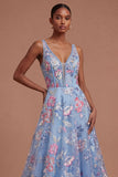 A Line Floral Corset Appliqued V Neck Long Prom Dress
