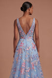 A Line Floral Corset Appliqued V Neck Long Prom Dress