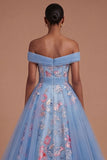 Blue Off the Shoulder Floral A Line Backless Long Prom Dress