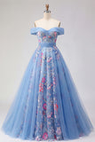 Blue Off the Shoulder Floral A Line Backless Long Prom Dress