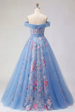 Blue Off the Shoulder Floral A Line Backless Long Prom Dress