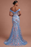 Blue Off the Shoulder Floral Corset Mermaid Long Prom Dress