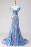 Blue Off the Shoulder Floral Corset Mermaid Long Prom Dress