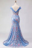 Blue Off the Shoulder Floral Corset Mermaid Long Prom Dress