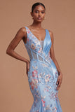 Ruched Floral Mermaid Corset Blue Long Prom Dress