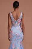 Ruched Floral Mermaid Corset Blue Long Prom Dress
